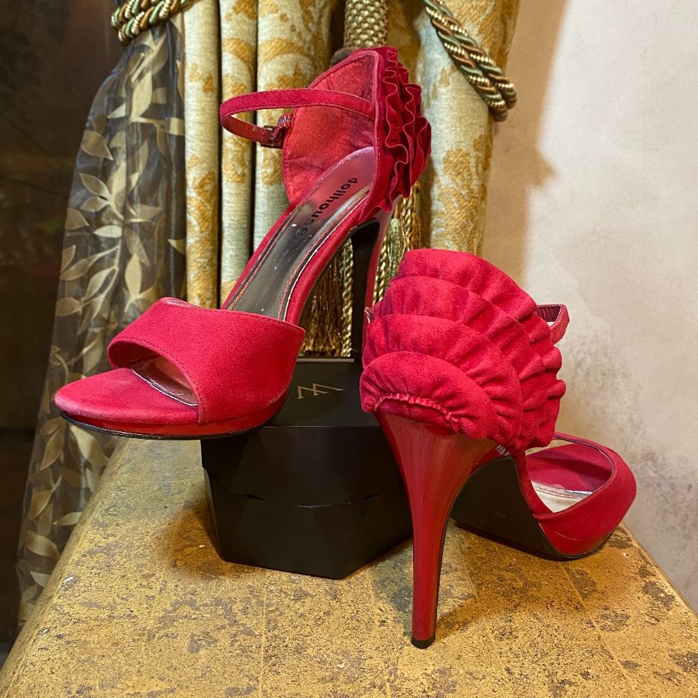 Dollhouse Red Ruffled Heel Ankle Strap Sandals